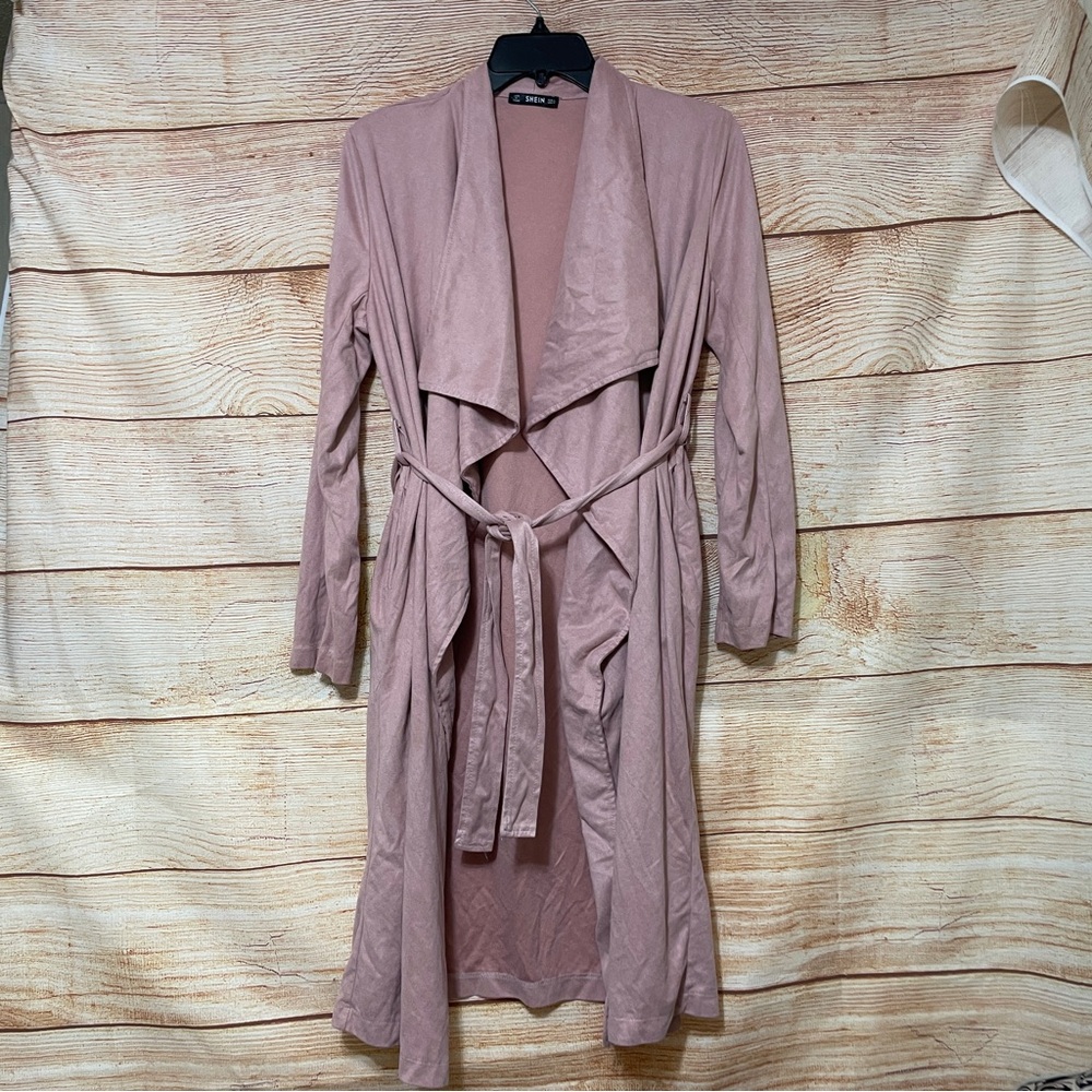 Shein Blush Waterfall Turn Down Collar Drape Lapel Trench Coat w Belt ‎ Sz Small